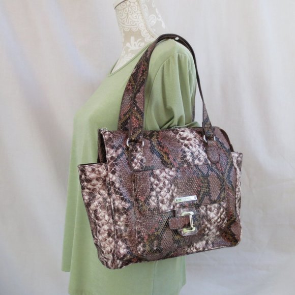 Nine West Brown Rose Python Pattern Faux Snakeskin Roomy Carryall Shoulder Bag - Picture 2 of 16